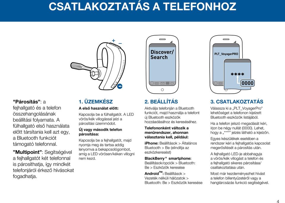 Multipoint : Segítségével a fejhallgatót két telefonnal is párosíthatja, így mindkét telefonjáról érkező hívásokat fogadhatja. 1. ÜZEMKÉSZ A első használat előtt: Kapcsolja be a fülhallgatót.