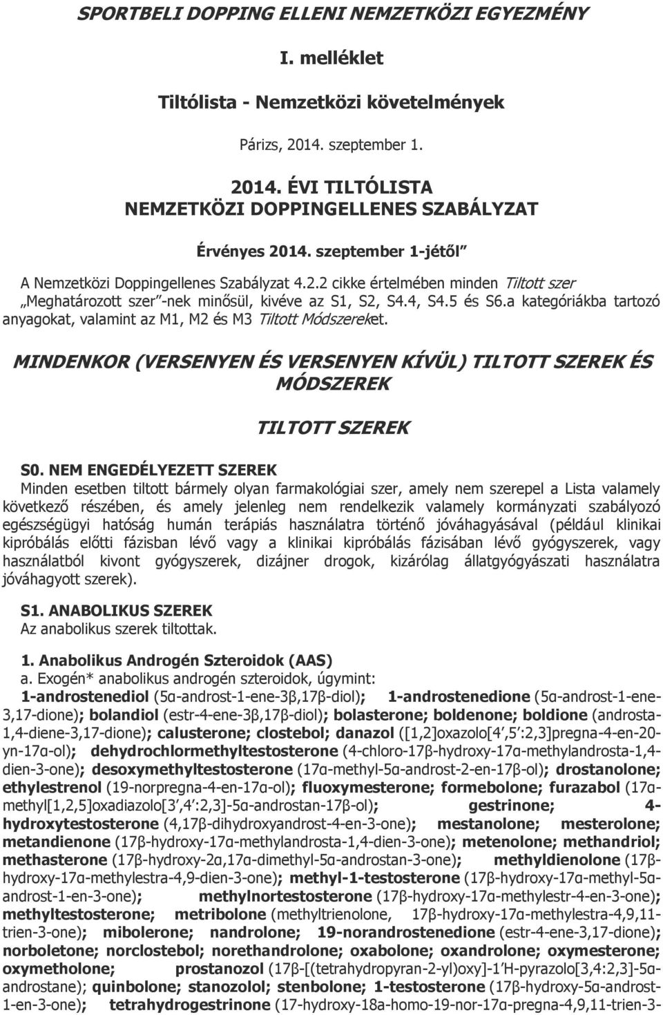 a kategóriákba tartozó anyagokat, valamint az M1, M2 és M3 Tiltott Módszereket. MINDENKOR (VERSENYEN ÉS VERSENYEN KÍVÜL) TILTOTT SZEREK ÉS MÓDSZEREK TILTOTT SZEREK S0.