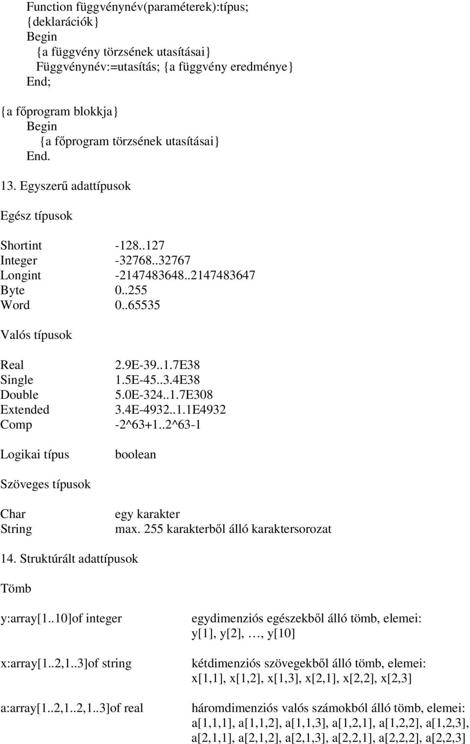 9E-39..1.7E38 1.5E-45..3.4E38 5.0E-324..1.7E308 3.4E-4932..1.1E4932-2^63+1..2^63-1 boolean Szöveges típusok Char String egy karakter max. 255 karakterbl álló karaktersorozat 14.