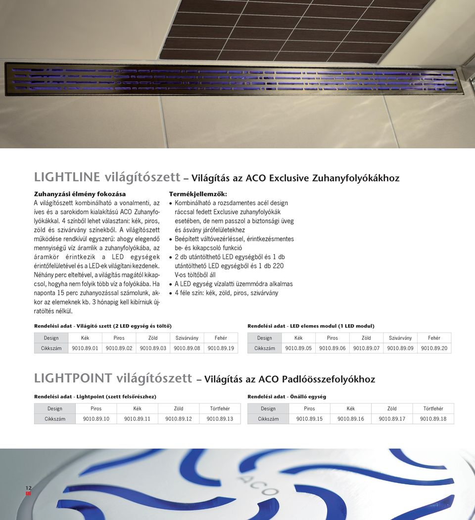 A világítószett mıködése rendkívül egyszerı: ahogy elegendœ mennyiségı víz áramlik a zuhanyfolyókába, az áramkör érintkezik a LED egységek érintœfelületével és a LED-ek világítani kezdenek.