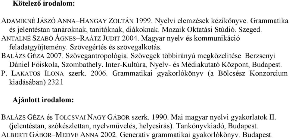 Berzsenyi Dániel Főiskola, Szombathely. Inter-Kultúra, Nyelv- és Médiakutató Központ, Budapest. P. LAKATOS ILONA szerk. 2006. Grammatikai gyakorlókönyv (a Bölcsész Konzorcium kiadásában) 232.