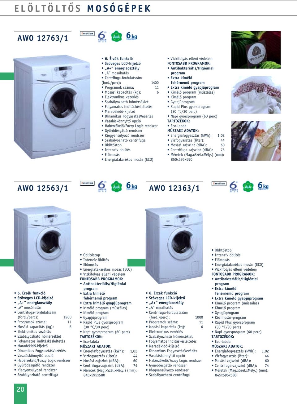 centrifuga Energiatakarékos mosás (ECO) Vízkifolyás elleni védelem FONTOSBB PROGRMOK: ntibakteriális/higiéniai Extra kímélô nemû Extra kímélô gyapjú Kímélô (mûszálas) Kímélô Rapid Plus gyors (30 C/30