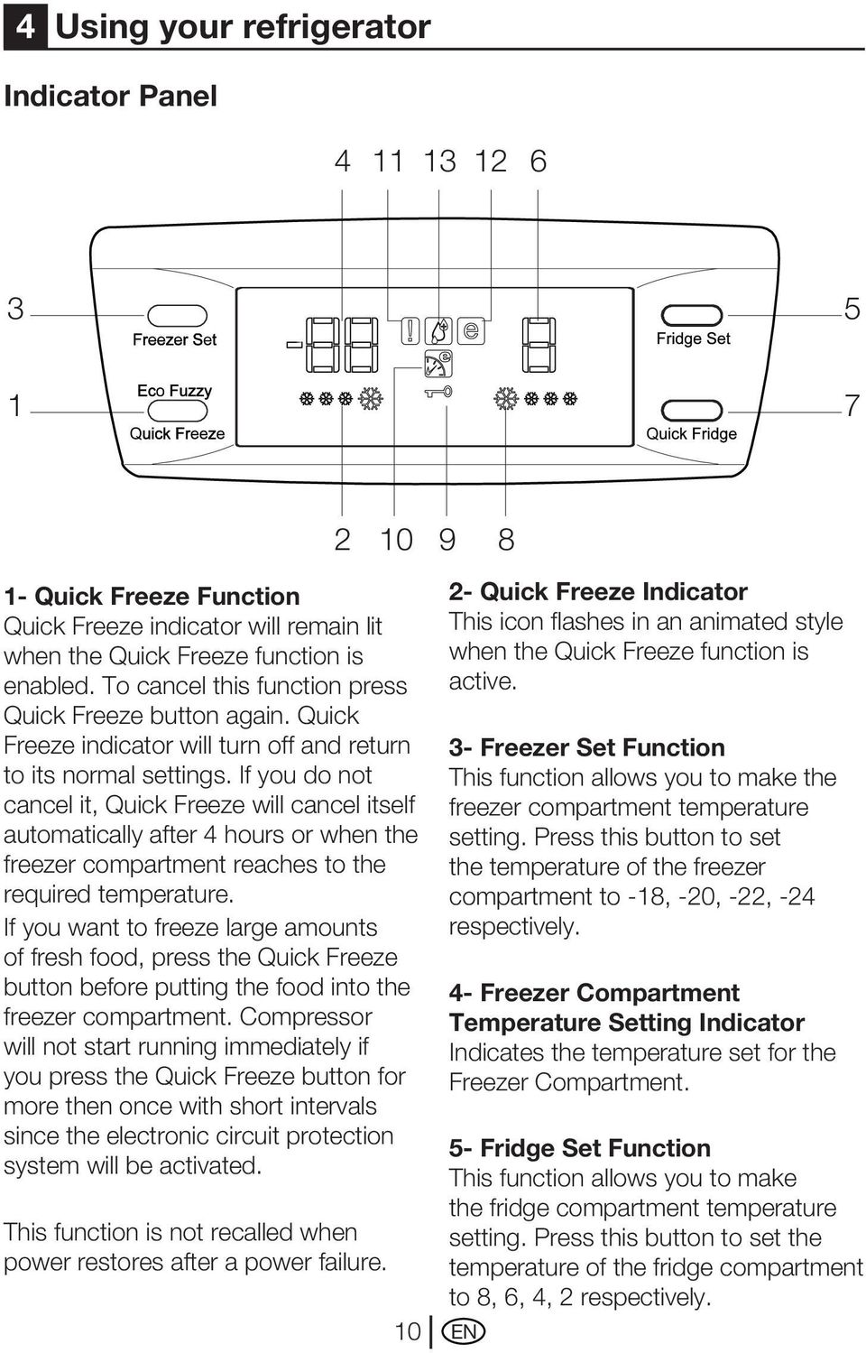 If you do not cancel it, Quick Freeze will cancel itself automatically after 4 hours or when the freezer compartment reaches to the required temperature.