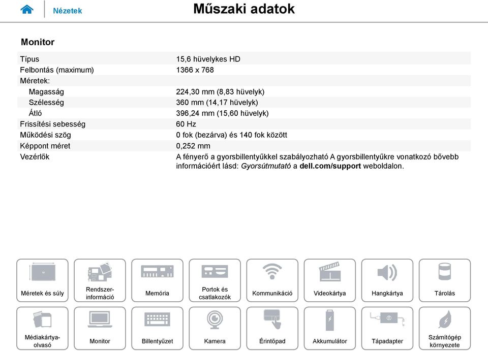 0 fok (bezárva) és 140 fok között Képpont méret 0,252 mm Vezérlők A fényerő a gyorsbillentyűkkel