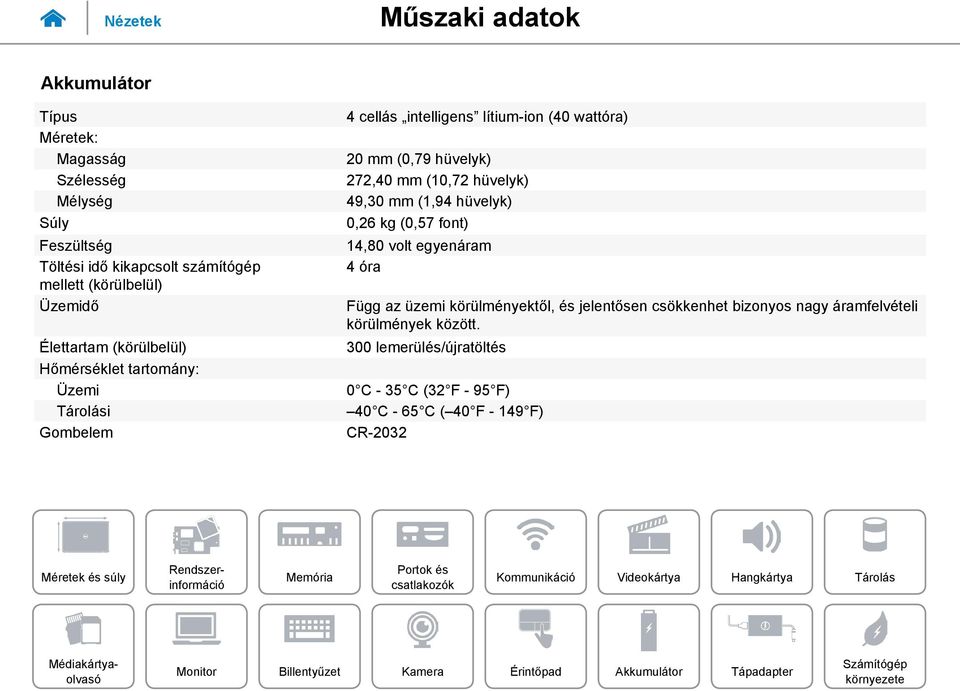 (10,72 hüvelyk) 49,30 mm (1,94 hüvelyk) 0,26 kg (0,57 font) 14,80 volt egyenáram 4 óra Függ az üzemi körülményektől, és jelentősen