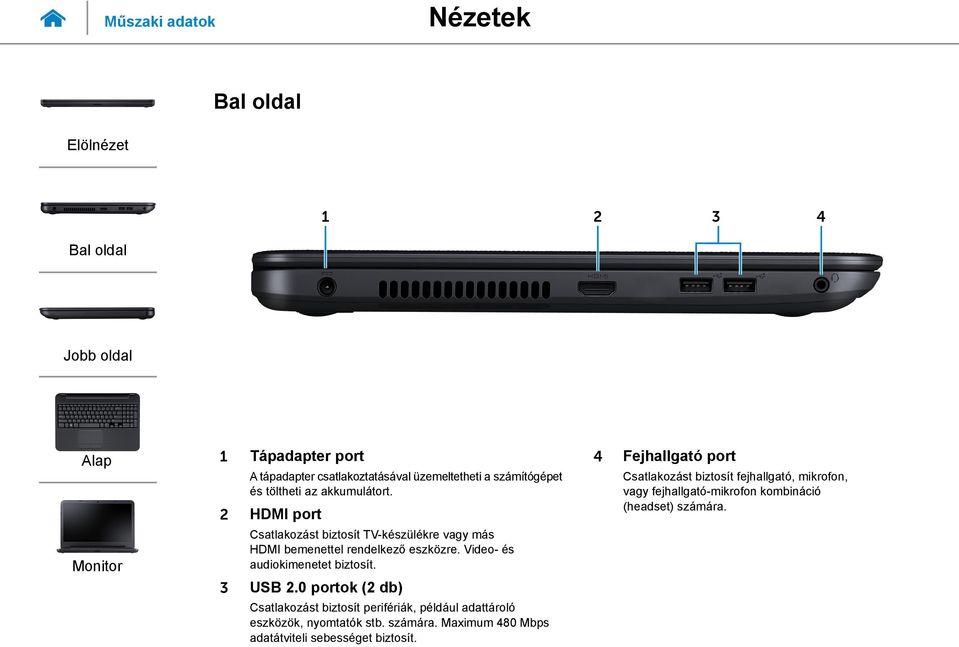 Video- és audiokimenetet biztosít. 3 USB 2.0 portok (2 db) Csatlakozást biztosít perifériák, például adattároló eszközök, nyomtatók stb.