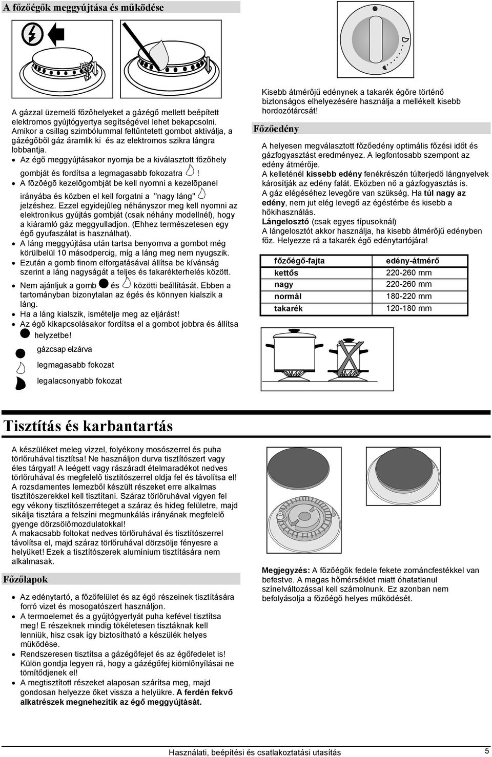 Az égő meggyújtásakor nyomja be a kiválasztott főzőhely gombját és fordítsa a legmagasabb fokozatra!