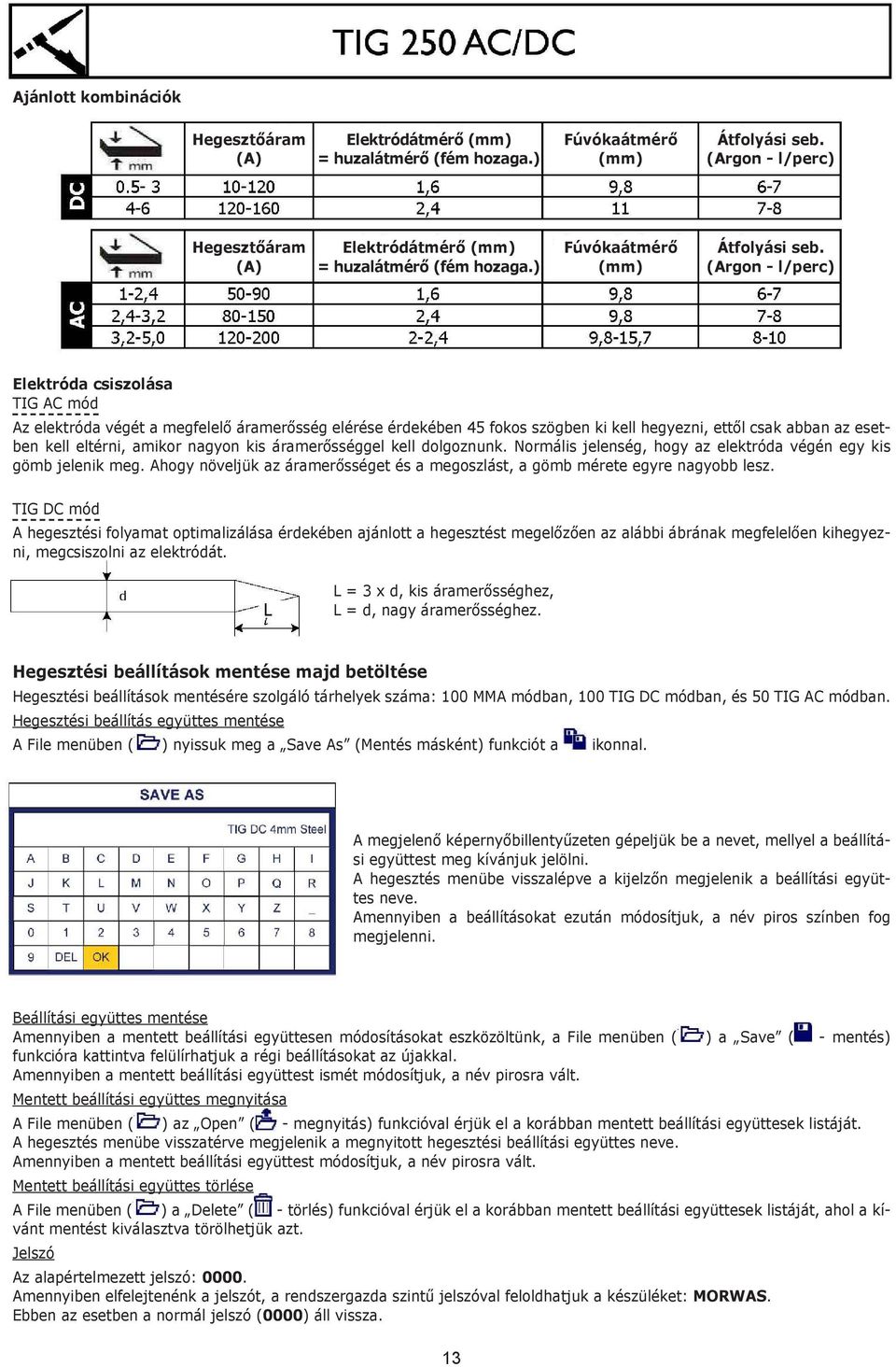 (Argon - l/perc) Elektróda csiszolása TIG AC mód Az elektróda végét a megfelelő áramerősség elérése érdekében 45 fokos szögben ki kell hegyezni, ettől csak abban az esetben kell eltérni, amikor