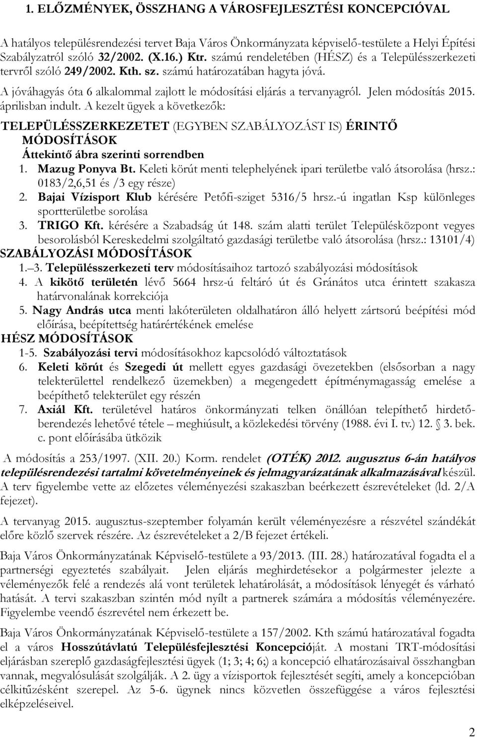 Jelen módosítás 2015. áprilisban indult. A kezelt ügyek a következők: TELEPÜLÉSSZERKEZETET (EGYBEN SZABÁLYOZÁST IS) ÉRINTŐ MÓDOSÍTÁSOK Áttekintő ábra szerinti sorrendben 1. Mazug Ponyva Bt.