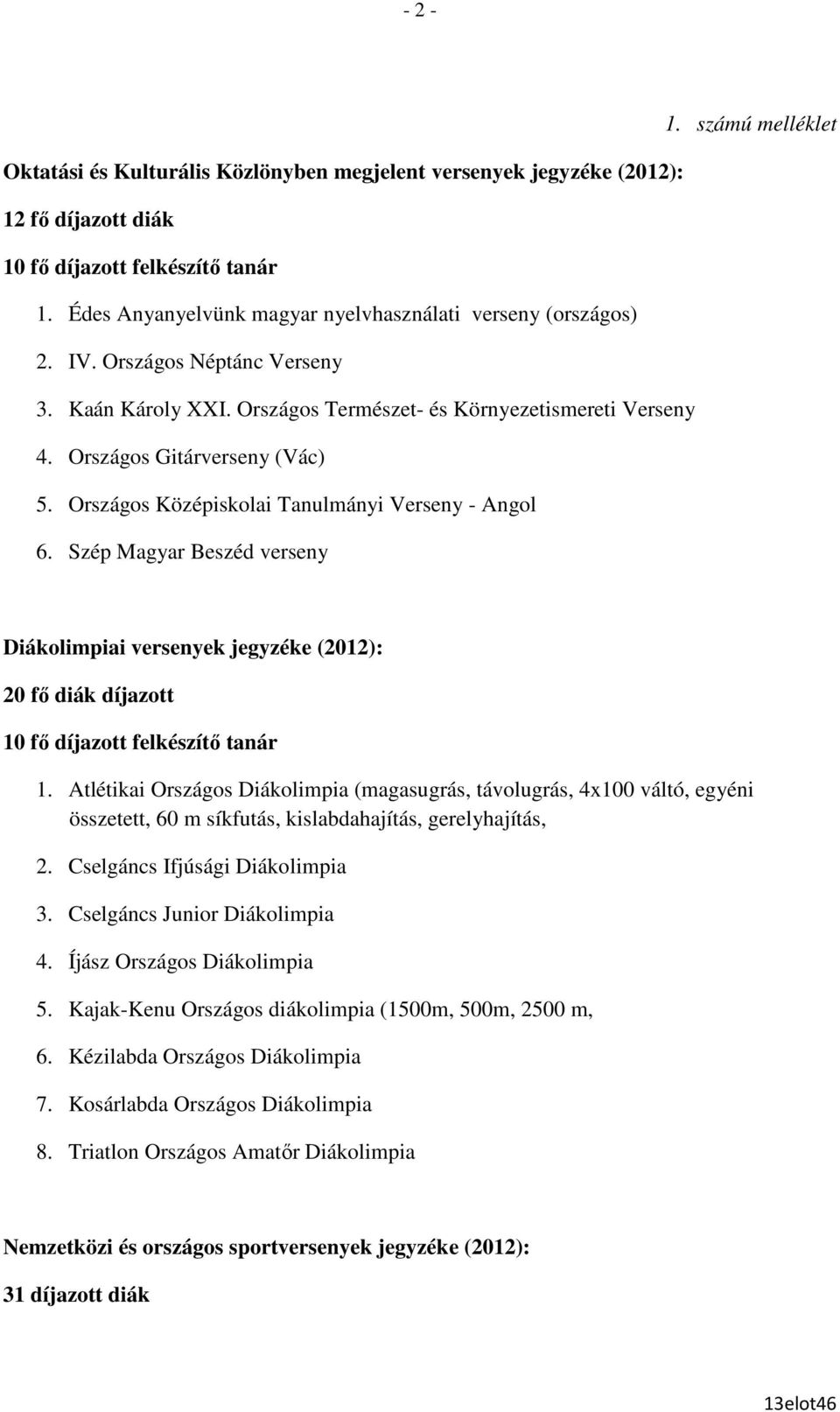 Országos Középiskolai Tanulmányi Verseny - Angol 6. Szép Magyar Beszéd verseny Diákolimpiai versenyek jegyzéke (2012): 20 fı diák díjazott 10 fı díjazott felkészítı tanár 1.