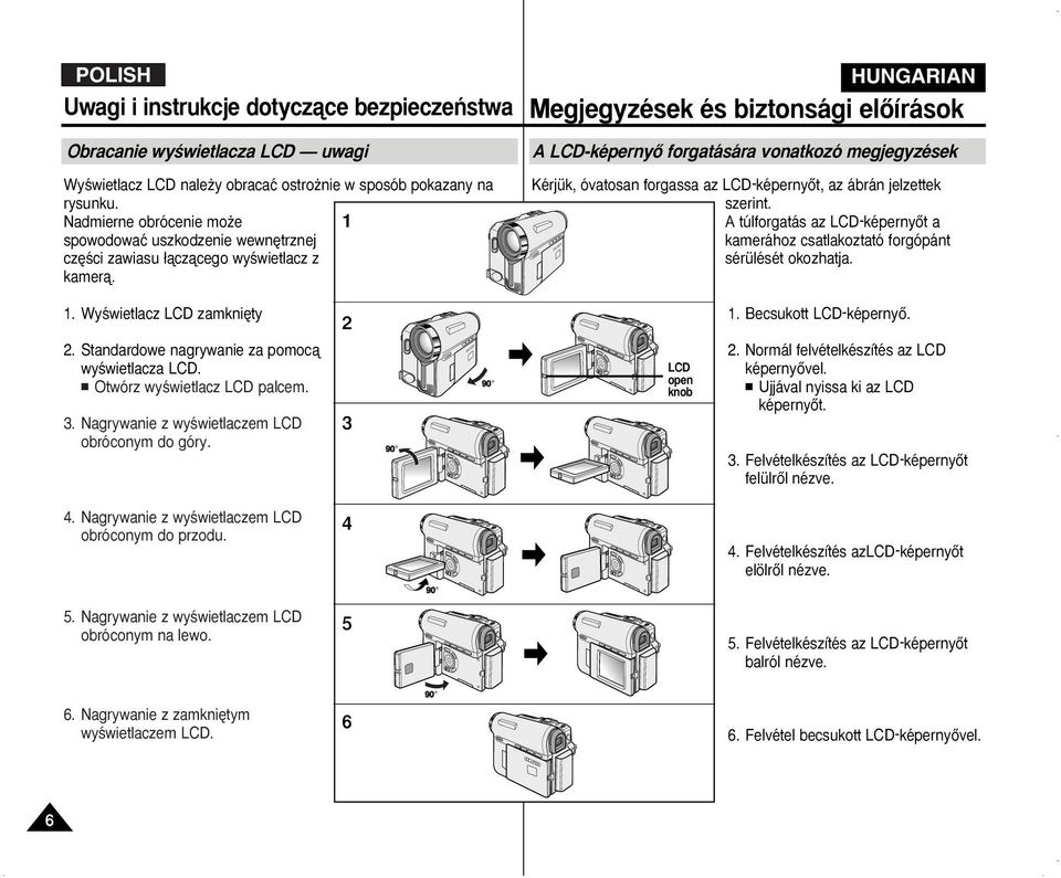 A LCD-képernyŒ forgatására vonatkozó megjegyzések Kérjük, óvatosan forgassa az LCD-képernyŒt, az ábrán jelzettek szerint.