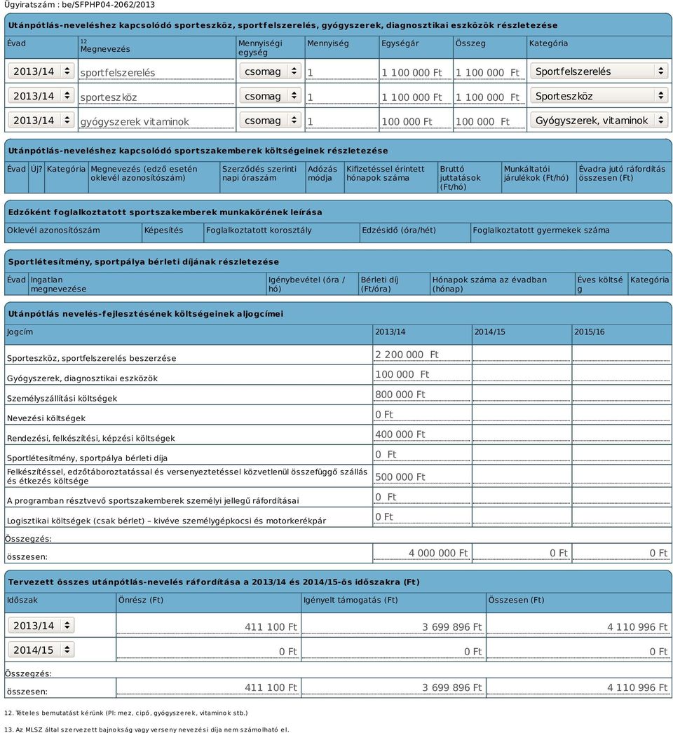 Gyógyszerek, vitaminok Utánpótlás-neveléshez kapcsolódó sportszakemberek költségeinek részletezése Évad Új?