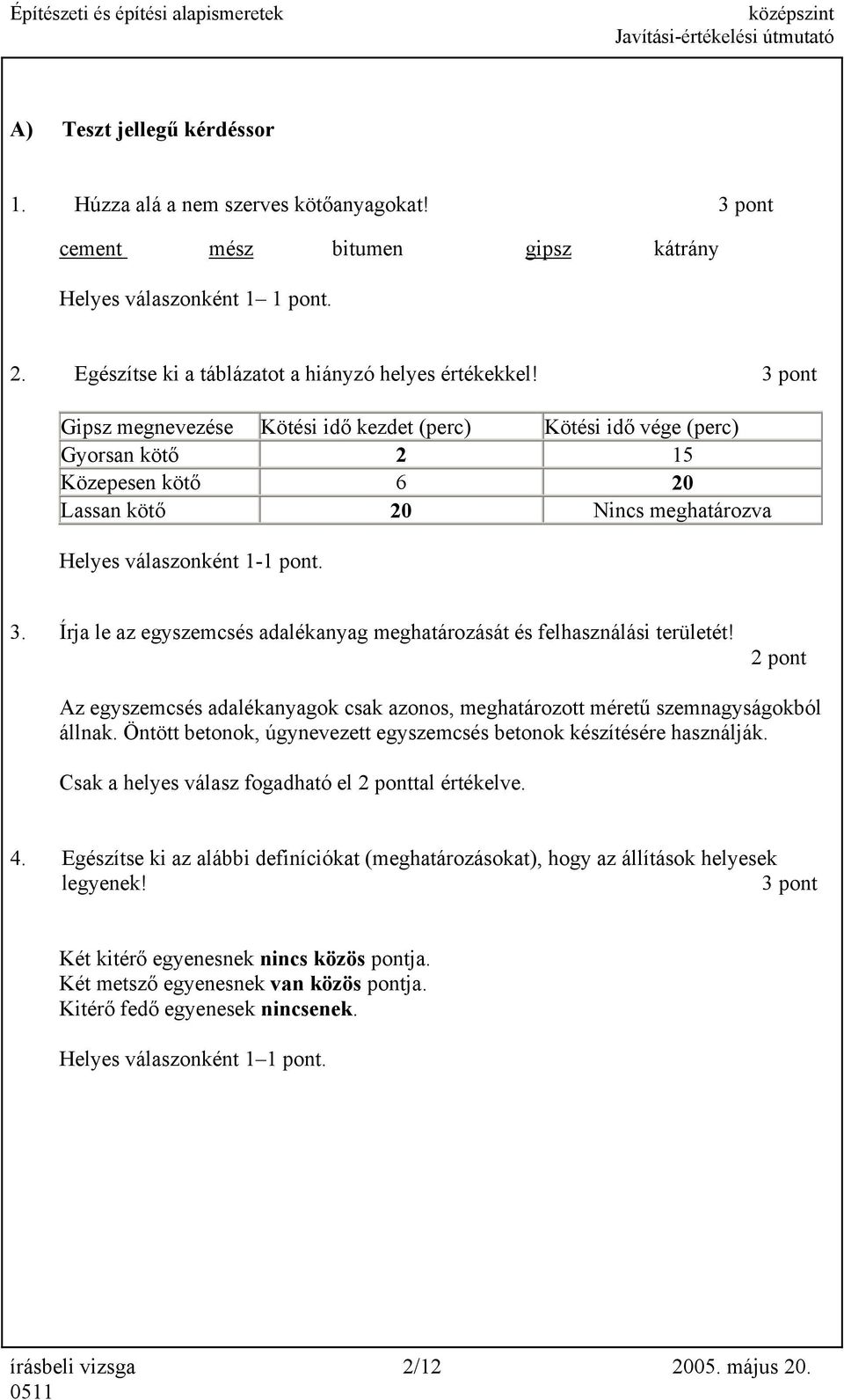 Írja le az egyszemcsés adalékanyag meghatározását és felhasználási területét! 2 pont Az egyszemcsés adalékanyagok csak azonos, meghatározott méretű szemnagyságokból állnak.