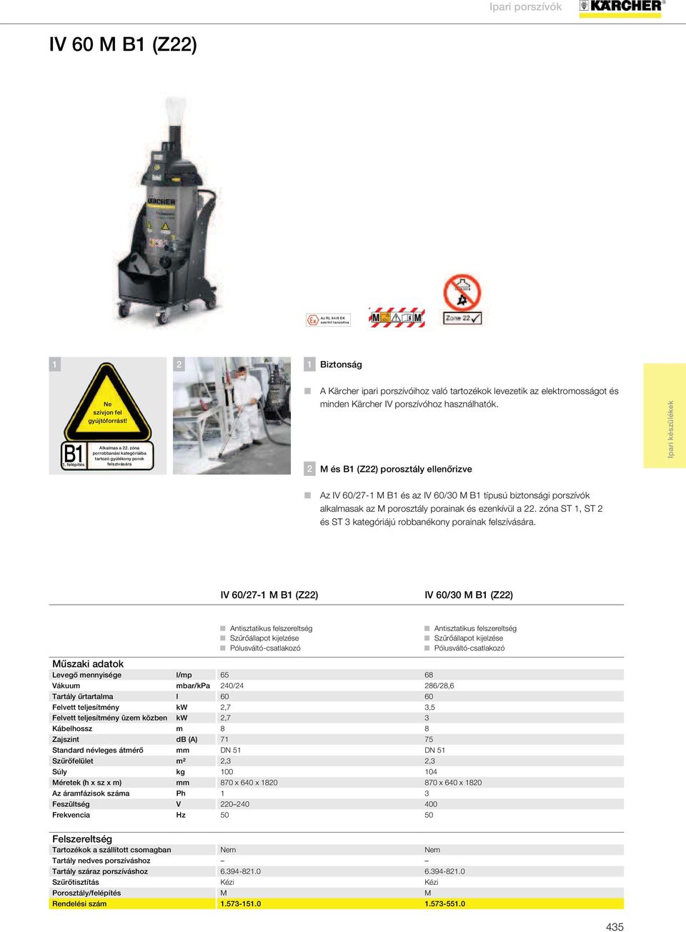 2 M és B1 (Z22) porosztály ellenőrizve Az IV 60/27-1 M B1 és az IV 60/30 M B1 típusú biztonsági porszívók alkalmasak az M porosztály porainak és ezenkívül a 22.