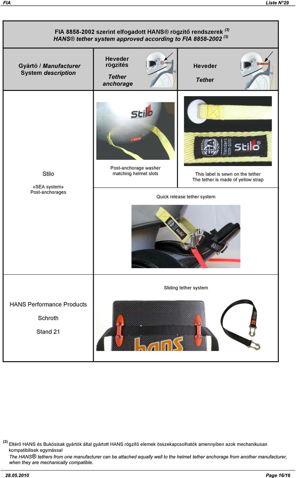 the tether The tether is made of yellow strap Sliding tether system HANS erformance roducts Stand 21 (3) Eltérõ HANS