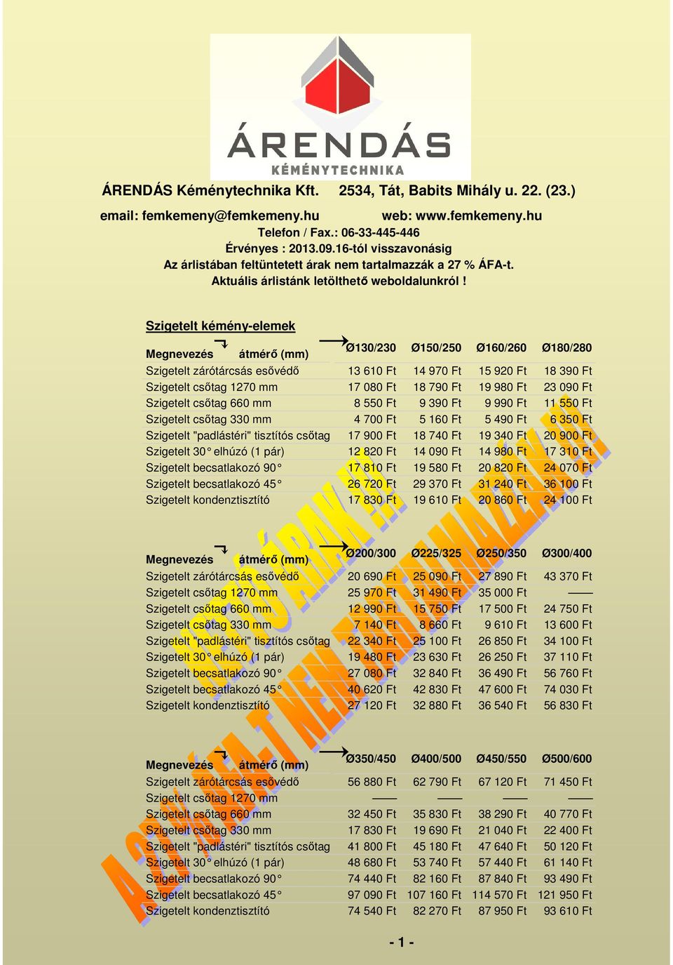 Szigetelt kémény-elemek Megnevezés átmérő (mm) Ø130/230 Ø150/250 Ø160/260 Ø180/280 Szigetelt zárótárcsás esővédő 13 610 Ft 14 970 Ft 15 920 Ft 18 390 Ft Szigetelt csőtag 1270 mm 17 080 Ft 18 790 Ft