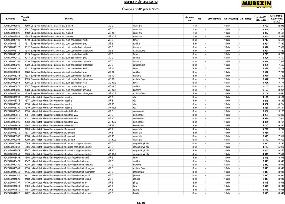 natur alu 1 fm - 10 db - 2 094 2 659 9002428043103 4310 Szegletes kialakítású élzárósín alu bunt beschichtet weiß MG 6 fehér 3 fm - 10 db - 1 710 6 515 9002428043110 4311 Szegletes kialakítású