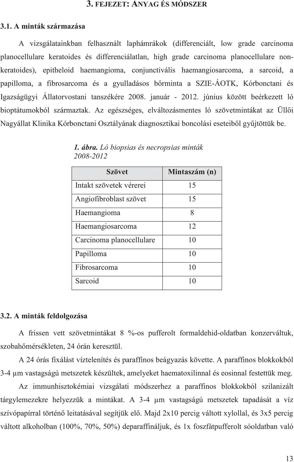 epitheloid haemangioma, conjunctivális haemangiosarcoma, a sarcoid, a papilloma, a fibrosarcoma és a gyulladásos bőrminta a SZIE-ÁOTK, Kórbonctani és Igazságügyi Állatorvostani tanszékére 2008.