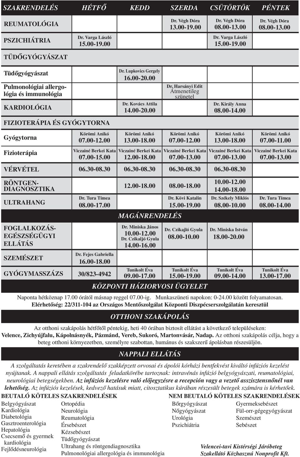 00-8.00 Körömi Anikó 07.00-2.00 Körömi Anikó 3.00-8.00 Körömi Anikó 07.00-.00 Fizioterápia Viczainé Berkei Kata 07.00-5.00 Viczainé Berkei Kata 2.00-8.00 Viczainé Berkei Kata 07.00-3.