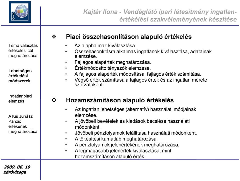 számítása a fajlagos érték és az ingatlan mérete szorzataként. Hozamszámításon alapuló értékelés Az ingatlan lehetséges (alternatív) használati módjainak elemzése.