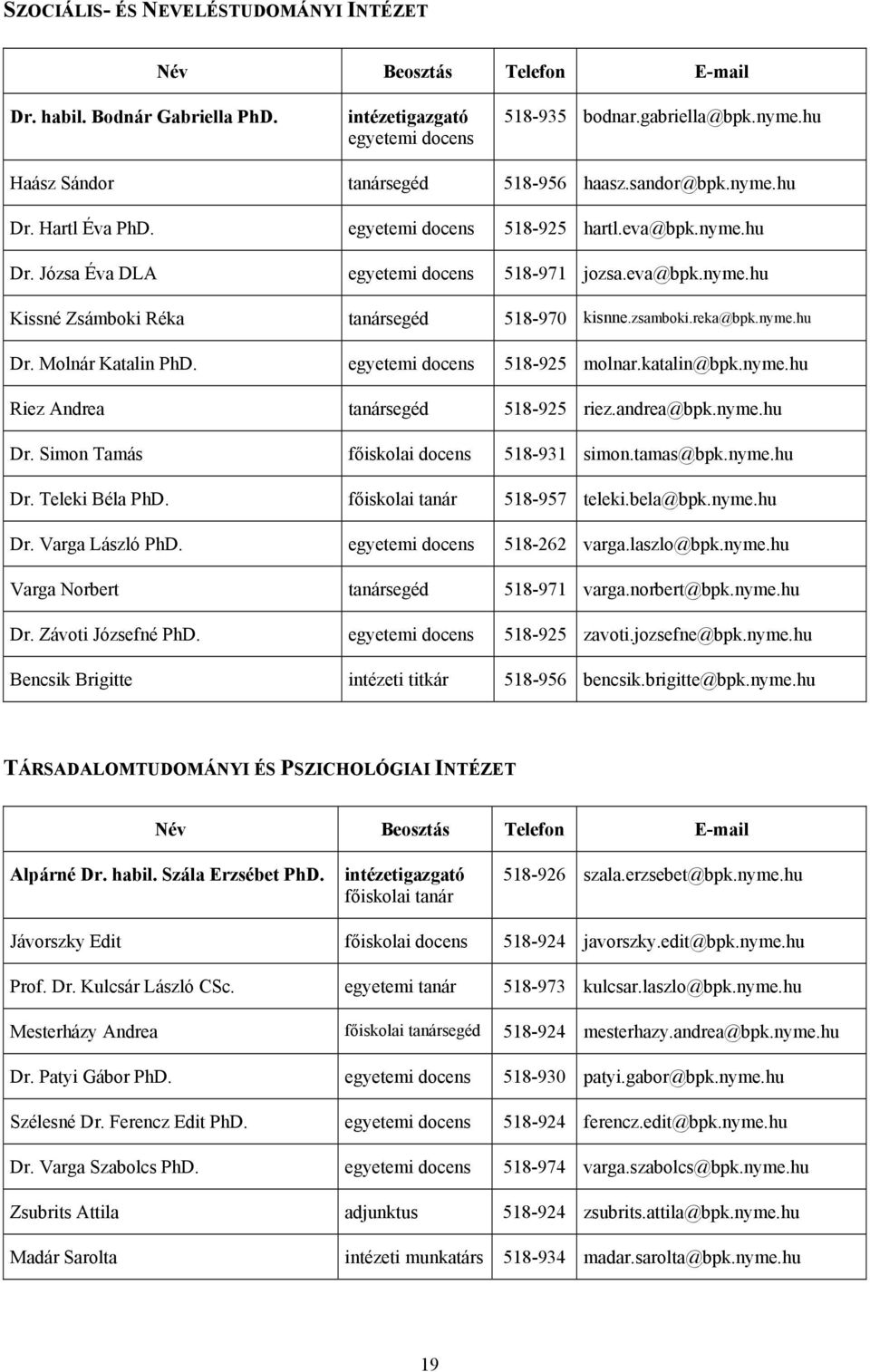 zsamboki.reka@bpk.nyme.hu Dr. Molnár Katalin PhD. egyetemi docens 518-925 molnar.katalin@bpk.nyme.hu Riez Andrea tanársegéd 518-925 riez.andrea@bpk.nyme.hu Dr. Simon Tamás főiskolai docens 518-931 simon.