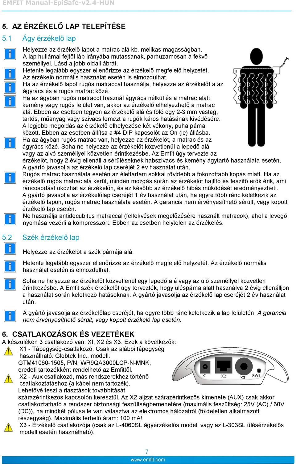 Ha az érzékelő lapot rugós matraccal használja, helyezze az érzékelőt a az ágyrács és a rugós matrac közé.