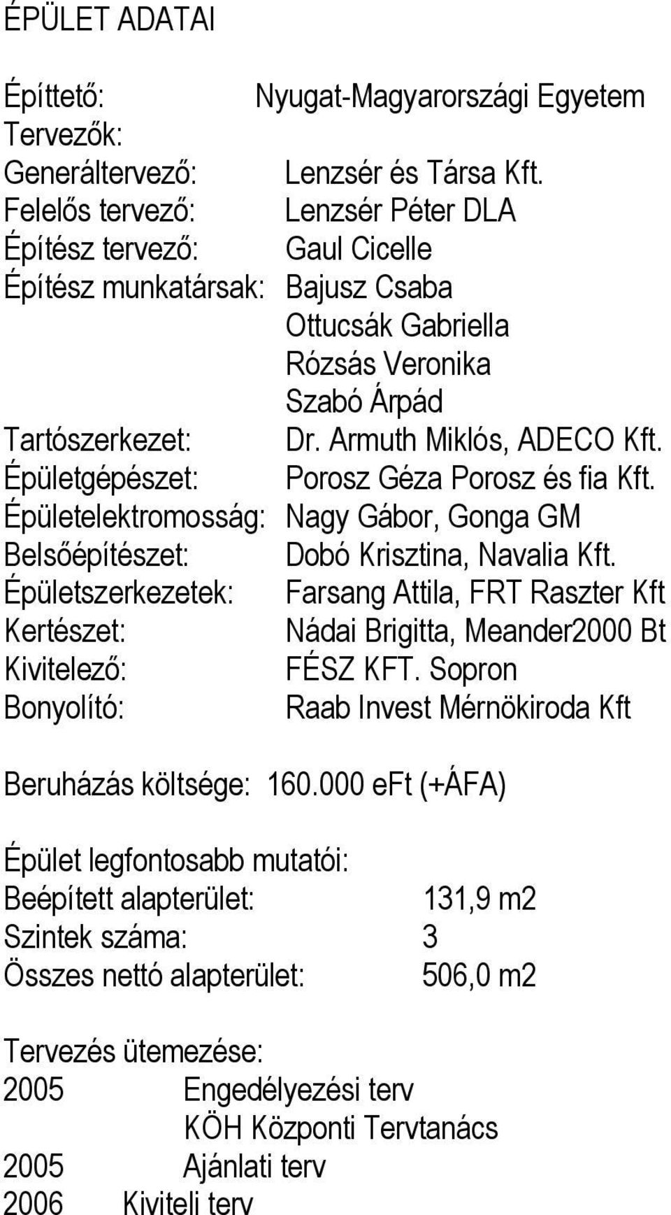 Épületgépészet: Porosz Géza Porosz és fia Kft. Épületelektromosság: Nagy Gábor, Gonga GM Belsőépítészet: Dobó Krisztina, Navalia Kft.