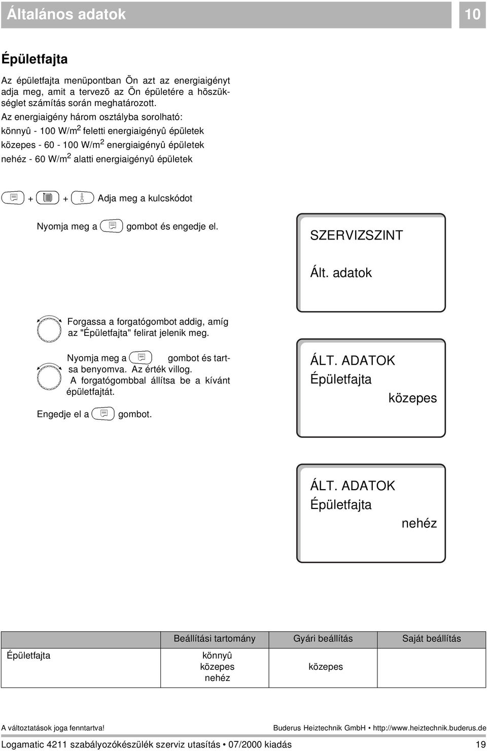 energiaigényû épületek N + C + G Adja meg a kulcskódot Nyomja meg a N gombot és engedje el. Ált. adatok az "Épületfajta" felirat jelenik meg.