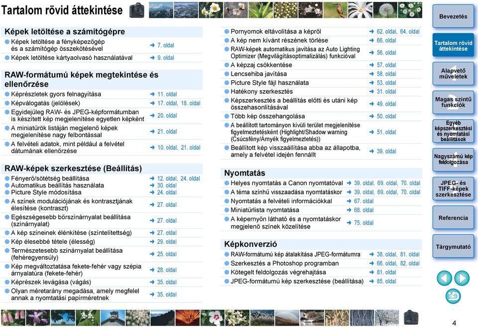 felbontással A felvételi adatok, mint például a felvétel dátumának ellenőrzése RAW-képek (Beállítás) Fényerő/sötétség beállítása Automatikus beállítás használata Picture Style módosítása A színek
