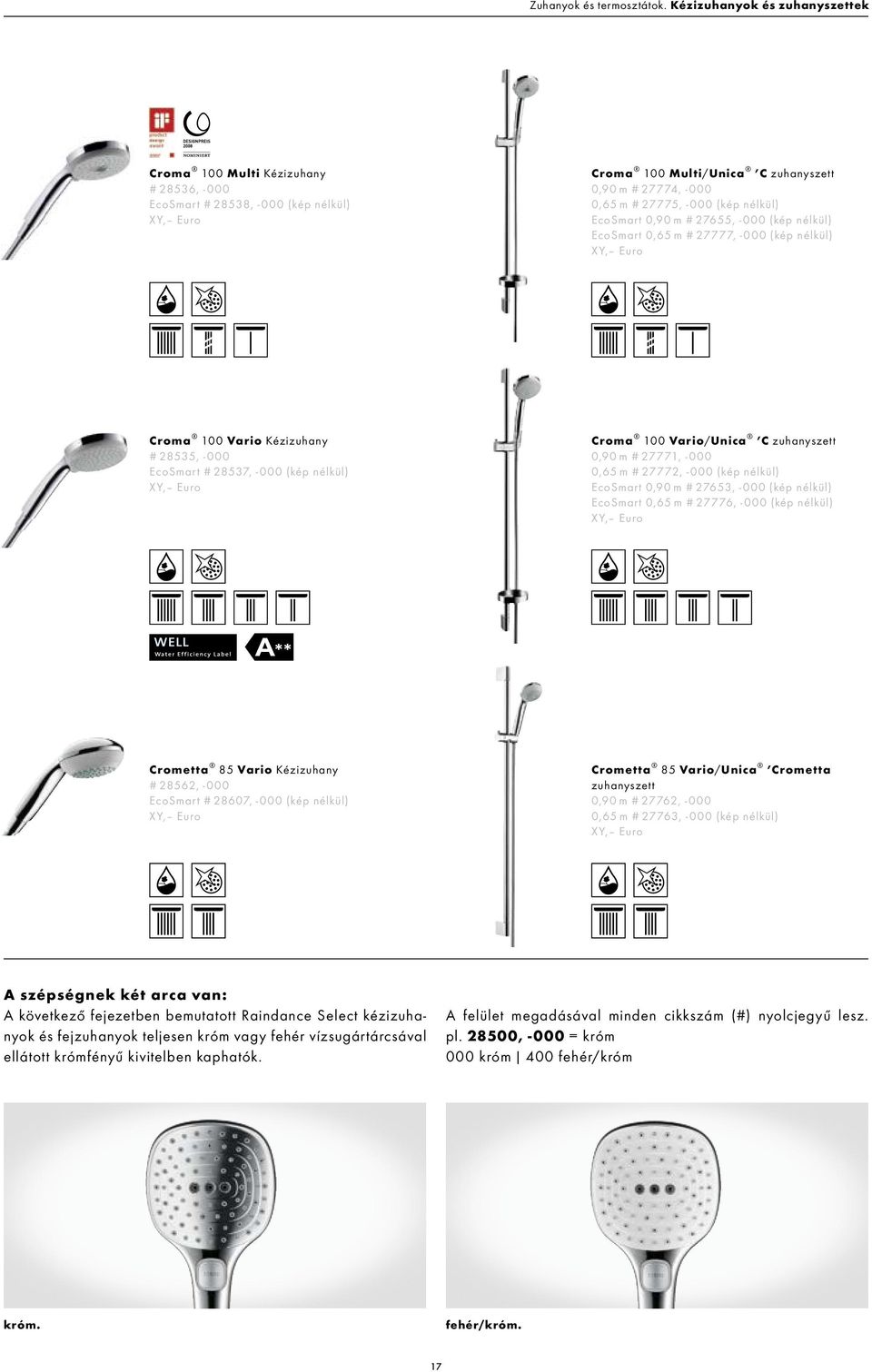 EcoSmart 0,90 m # 27655, -000 (kép nélkül) EcoSmart 0,65 m # 27777, -000 (kép nélkül) Croma 100 Vario Kézizuhany # 28535, -000 EcoSmart # 28537, -000 (kép nélkül) Croma 100 Vario/Unica C zuhanyszett