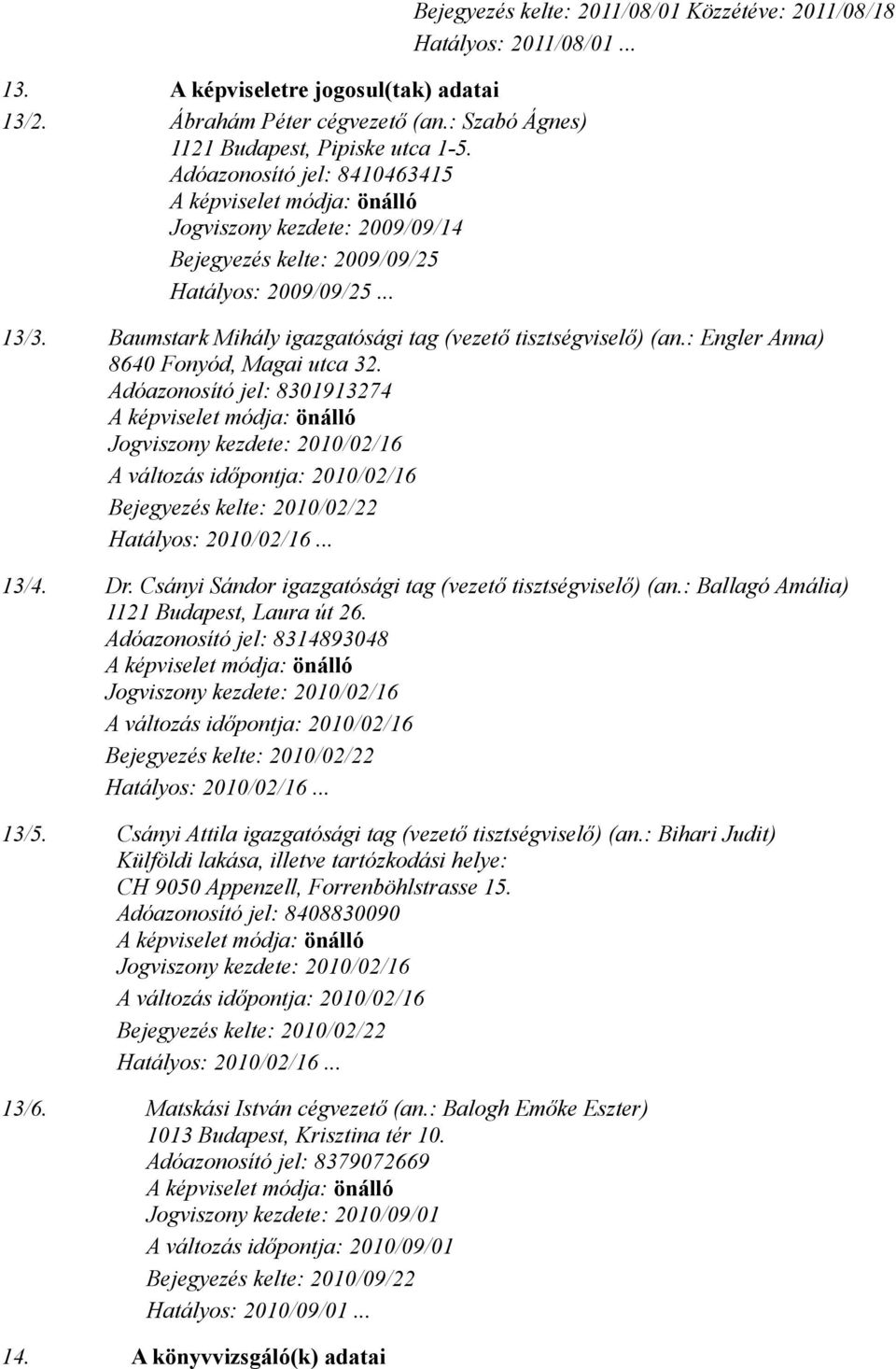 Baumstark Mihály igazgatósági tag (vezető tisztségviselő) (an.: Engler Anna) 8640 Fonyód, Magai utca 32.