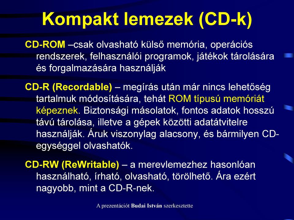 Biztonsági másolatok, fontos adatok hosszú távú tárolása, illetve a gépek közötti adatátvitelre használják.