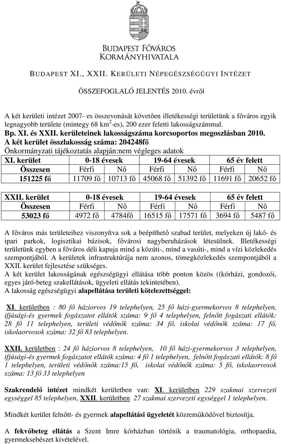 kerületeinek lakosságszáma korcsoportos megoszlásban 2010. A két kerület összlakosság száma: 204248fı Önkormányzati tájékoztatás alapján:nem végleges adatok XI.