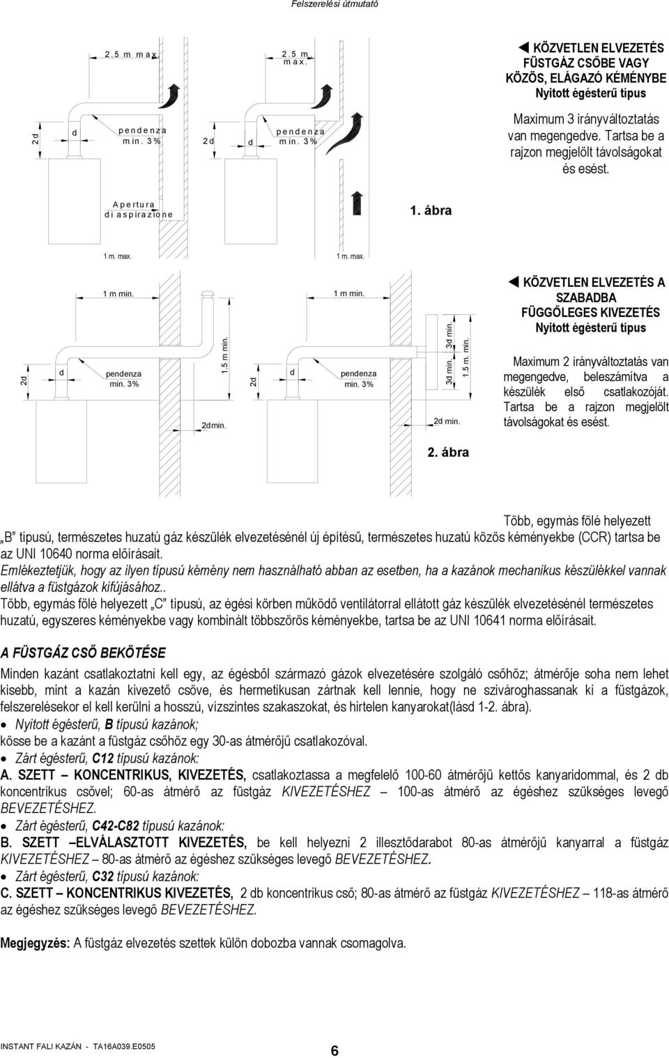 KÖZVETLEN ELVEZETÉS A SZABADBA FÜGGŐLEGES KIVEZETÉS Nyitott égésterű típus Maximum 2 irányváltoztatás van megengedve, beleszámítva a készülék első csatlakozóját.