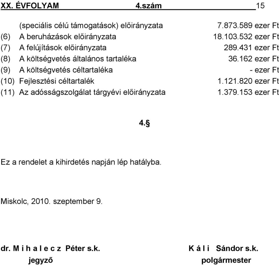 162 ezer Ft (9) A költségvetés céltartaléka - ezer Ft (10) Fejlesztési céltartalék 1.121.