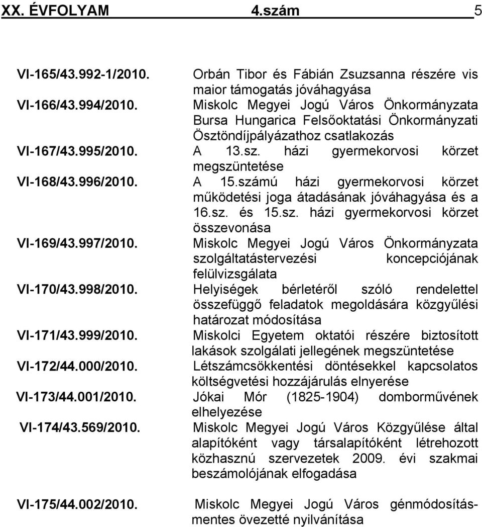 996/2010. A 15.számú házi gyermekorvosi körzet működetési joga átadásának jóváhagyása és a 16.sz. és 15.sz. házi gyermekorvosi körzet összevonása VI-169/43.997/2010.