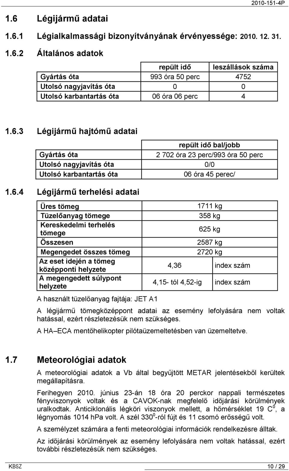 Üres tömeg Tüzelőanyag tömege Kereskedelmi terhelés tömege Összesen Megengedet összes tömeg Az eset idején a tömeg középponti helyzete A megengedett súlypont helyzete A használt tüzelőanyag fajtája: