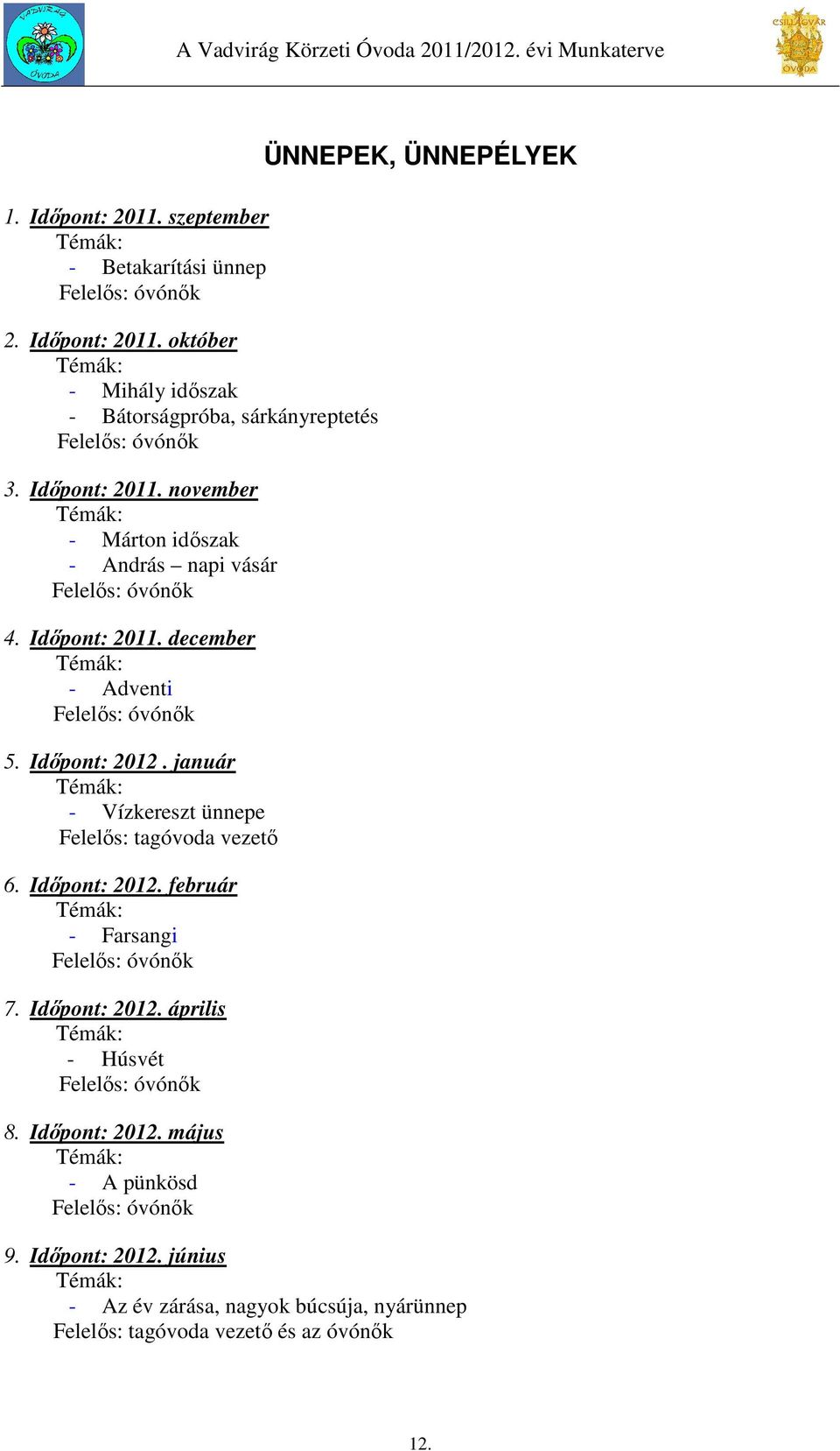 január - Vízkereszt ünnepe Felelős: tagóvoda vezető 6. Időpont: 2012. február - Farsangi Felelős: óvónők 7. Időpont: 2012. április - Húsvét Felelős: óvónők 8.