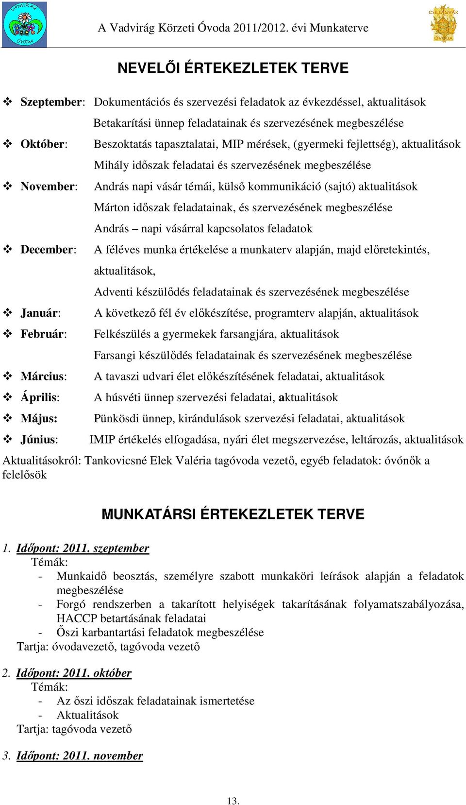 témái, külső kommunikáció (sajtó) aktualitások Márton időszak feladatainak, és szervezésének megbeszélése András napi vásárral kapcsolatos feladatok A féléves munka értékelése a munkaterv alapján,