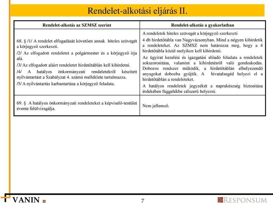 /4/ A hatályos önkormányzati rendeletekről készített nyilvántartást a Szabályzat 4. számú melléklete tartalmazza. /5/ A nyilvántartás karbantartása a körjegyző feladata. 69.