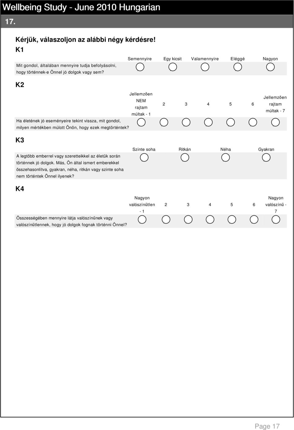 K3 Semennyire Egy kicsit Valamennyire Eléggé Nagyon Jellemzően Jellemzően NEM 2 3 4 5 6 rajtam rajtam múltak - 7 múltak - 1 A legtöbb emberrel vagy szeretteikkel az életük során történnek jó