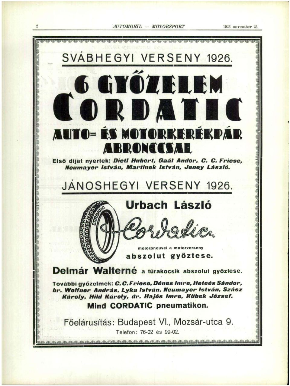 JÁNOSHEGYI VERSENY 1926. Urbach László motorpneuvel a motorverseny abszolút győztese. s Delmár Walterné a túrakocsik abszolút győztese. További győzelmek: C.C.Friese, Dénes Imre, Heteés Sándor, br.