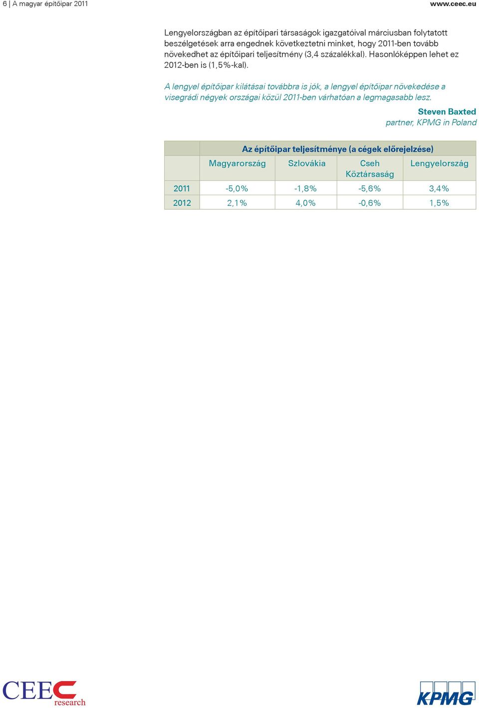 növekedhet az építőipari teljesítmény (3,4 százalékkal). Hasonlóképpen lehet ez 2012-ben is (1,5%-kal).