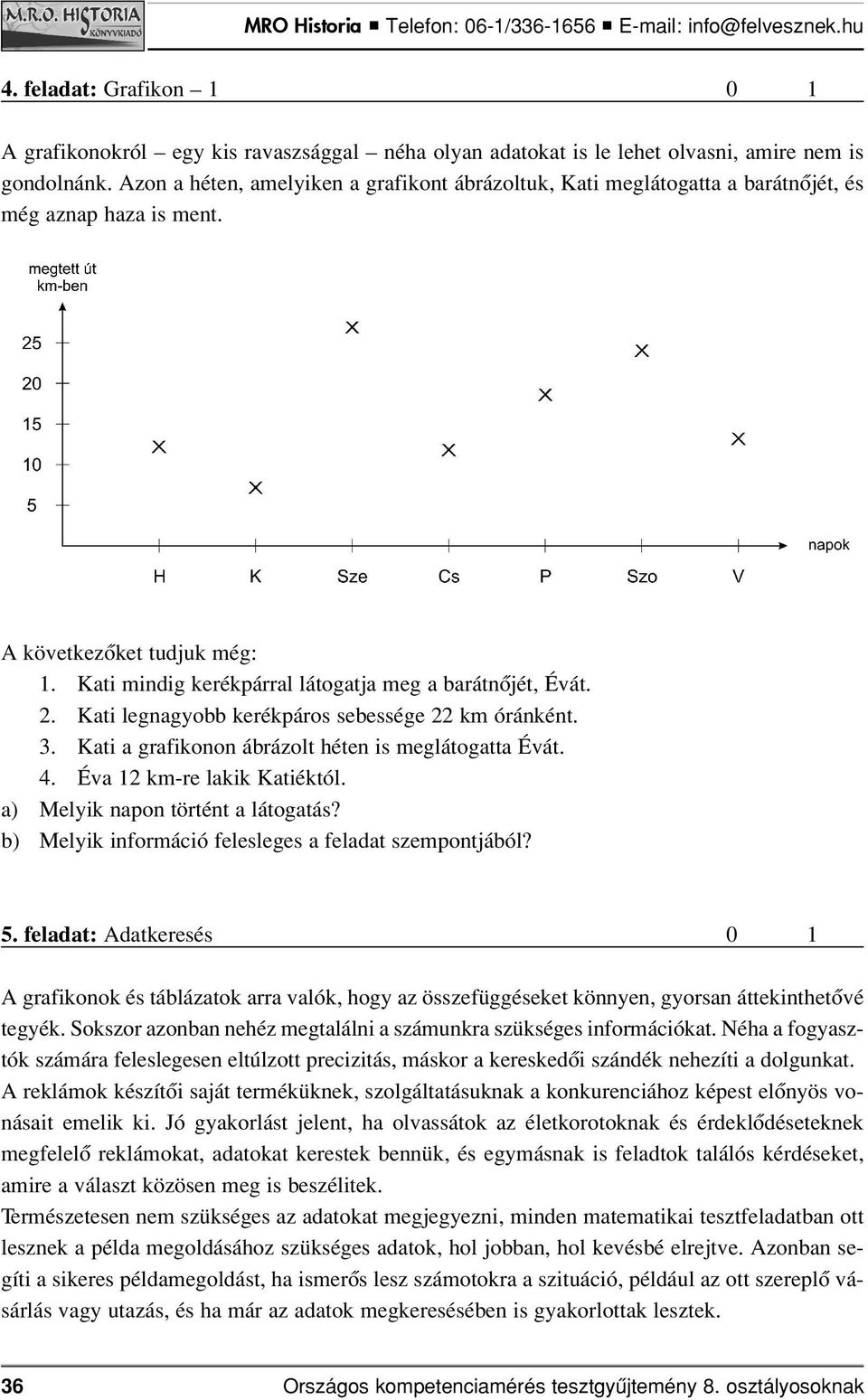 Kati legnagyobb kerékpáros sebessége 22 km óránként. 3. Kati a grafikonon ábrázolt héten is meglátogatta Évát. 4. Éva 12 km-re lakik Katiéktól. a) Melyik napon történt a látogatás?