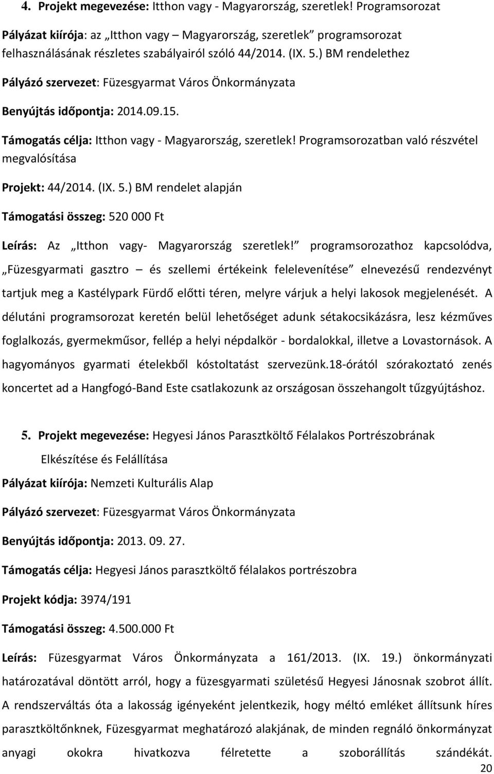 ) BM rendelethez Pályázó szervezet: Füzesgyarmat Város Önkormányzata Benyújtás időpontja: 2014.09.15. Támogatás célja: Itthon vagy - Magyarország, szeretlek!