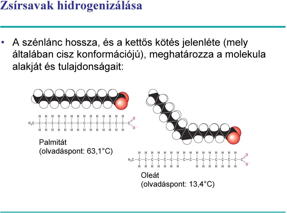 Shown are space-filling models and chemical structures of the ionized form of palmitic acid, a saturated fatty acid with 16 atoms, and oleic acid, an unsaturated one with 3 leate (ionized form of