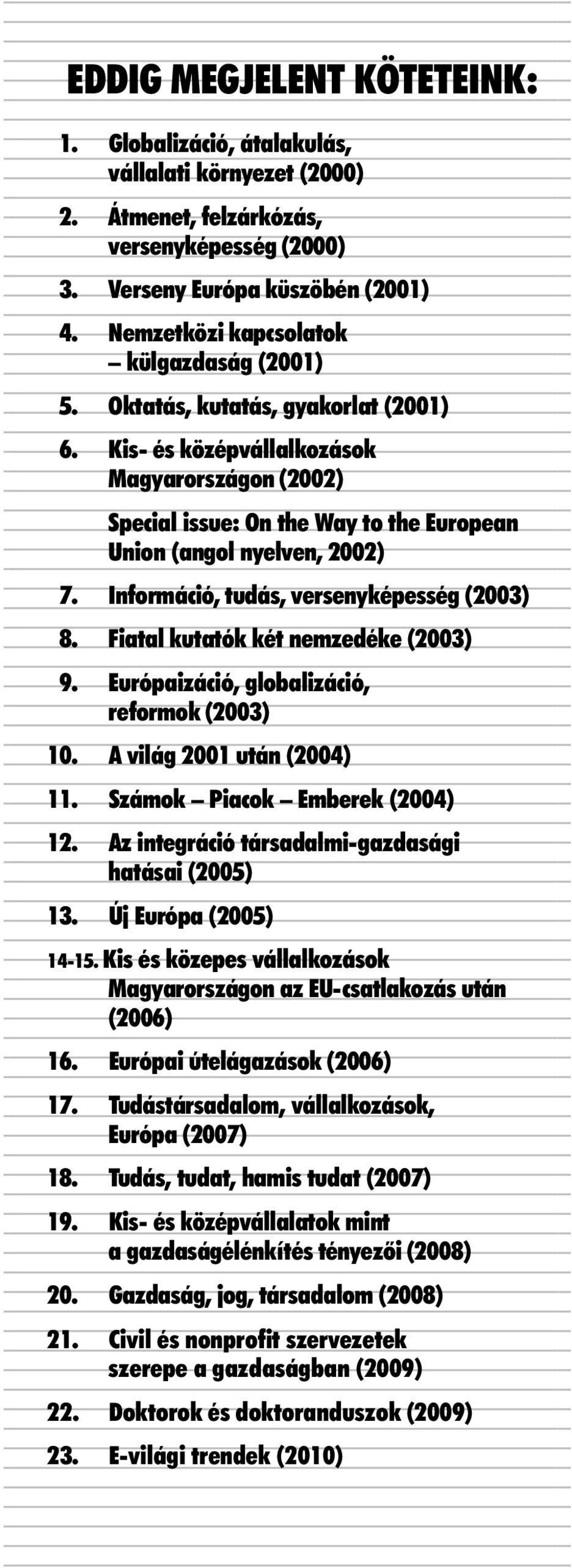 Kis- és középvállalkozások Magyarországon (2002) Special issue: On the Way to the European Union (angol nyelven, 2002) 7. Információ, tudás, versenyképesség (2003) 8.