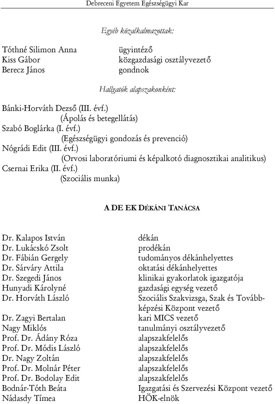 évf.) (Szociális munka) A DE EK DÉKÁNI TANÁCSA Dr. Kalapos István Dr. Lukácskó Zsolt Dr. Fábián Gergely Dr. Sárváry Attila Dr. Szegedi János Hunyadi Károlyné Dr. Horváth László Dr.