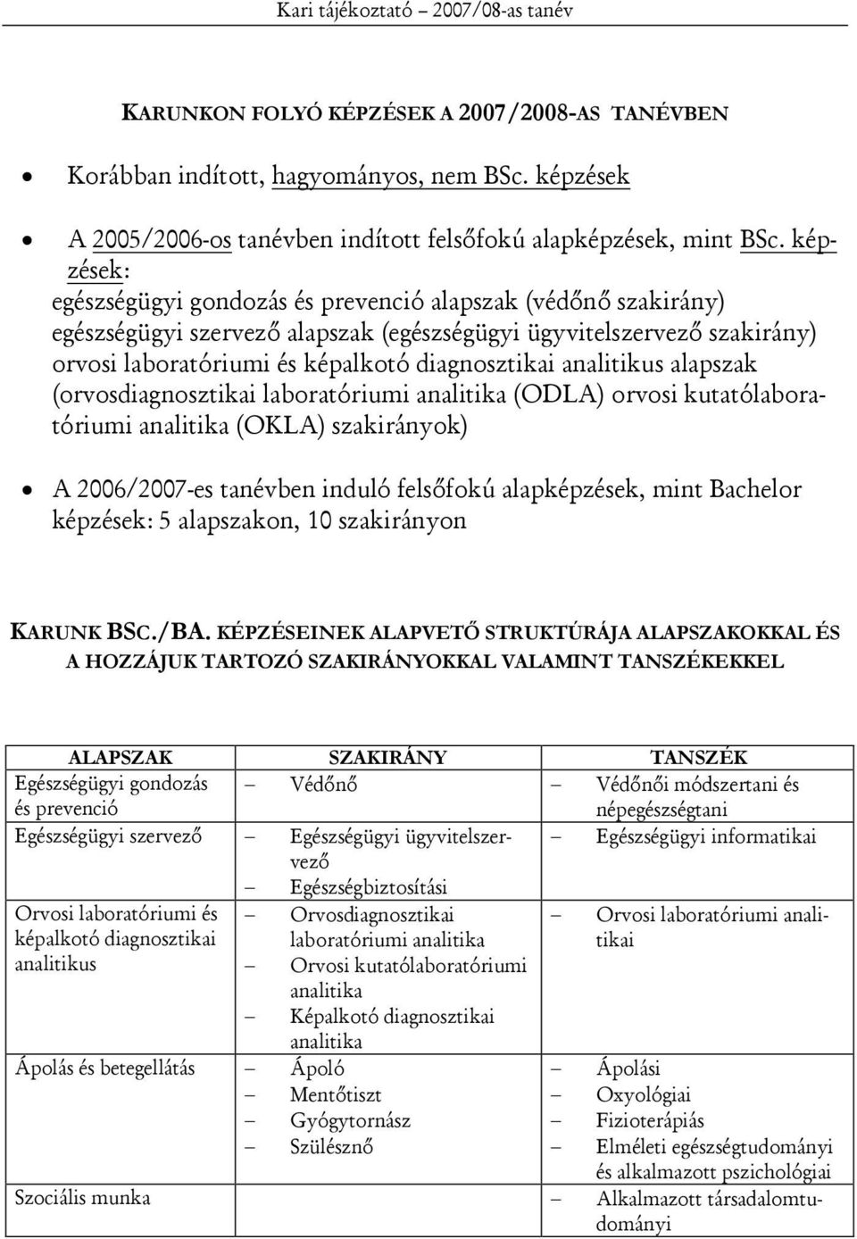 analitikus alapszak (orvosdiagnosztikai laboratóriumi analitika (ODLA) orvosi kutatólaboratóriumi analitika (OKLA) szakirányok) A 2006/2007-es tanévben induló felsőfokú alapképzések, mint Bachelor