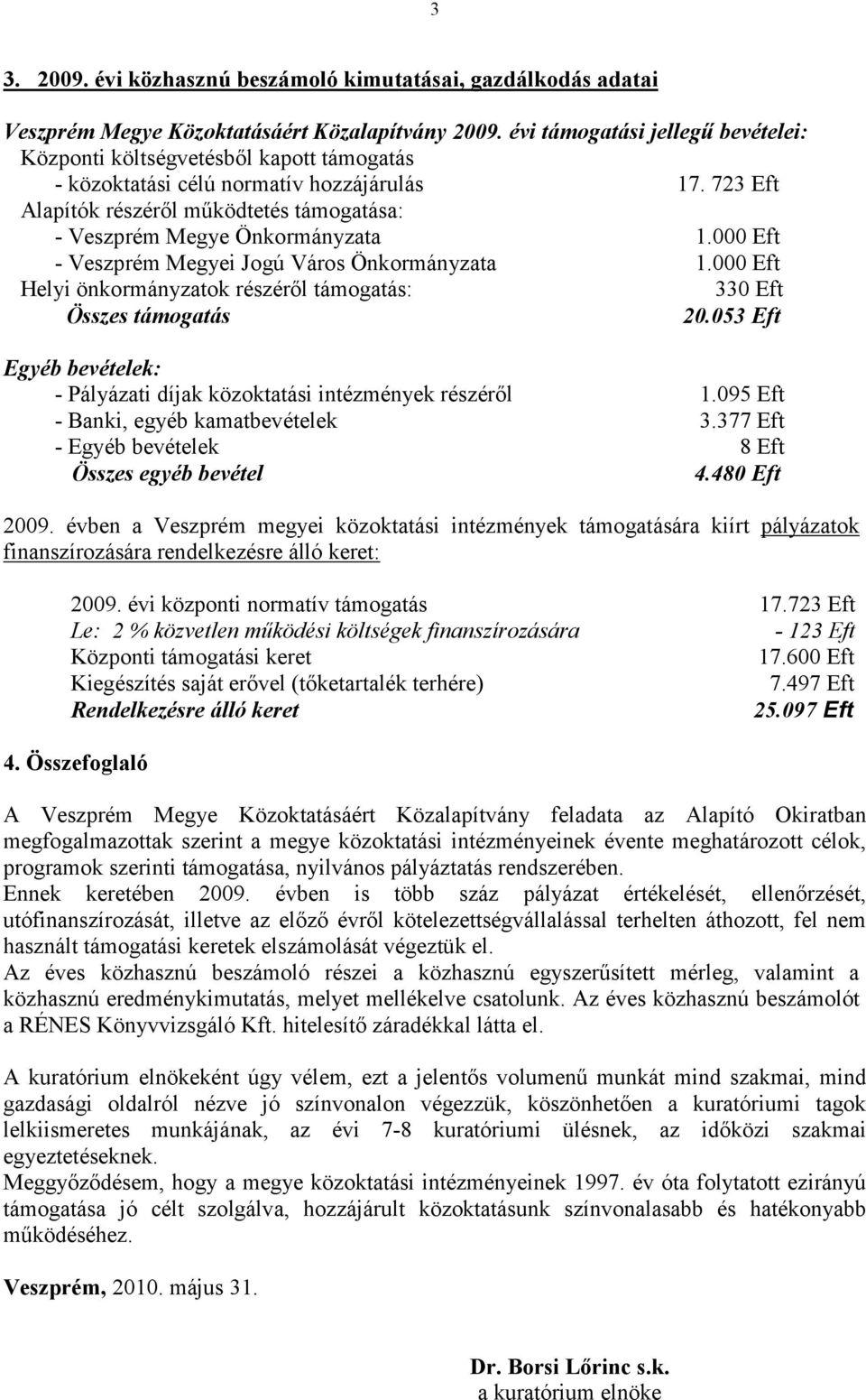 723 Eft Alapítók részéről működtetés támogatása: - Veszprém Megye Önkormányzata 1.000 Eft - Veszprém Megyei Jogú Város Önkormányzata 1.